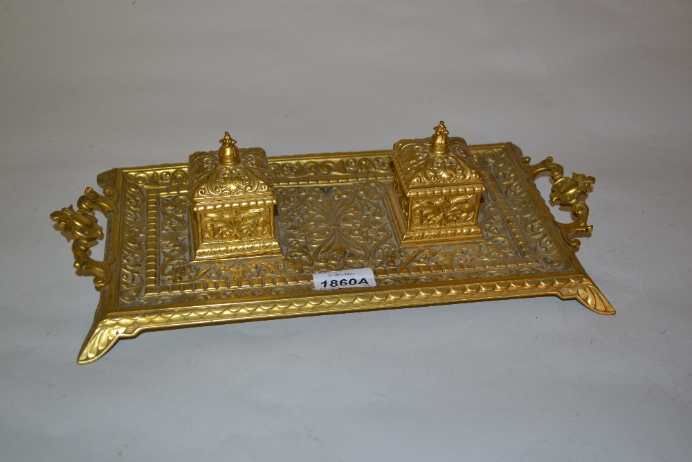 19th Century gilt brass two bottle inkstand together with three various metal figures of pheasants - Image 2 of 2