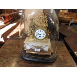 19th Century French gilded spelter and alabaster figural mantel clock under a glass dome