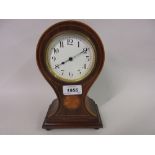Edwardian mahogany lunette and line inlaid balloon shaped mantel clock with enamel dial,