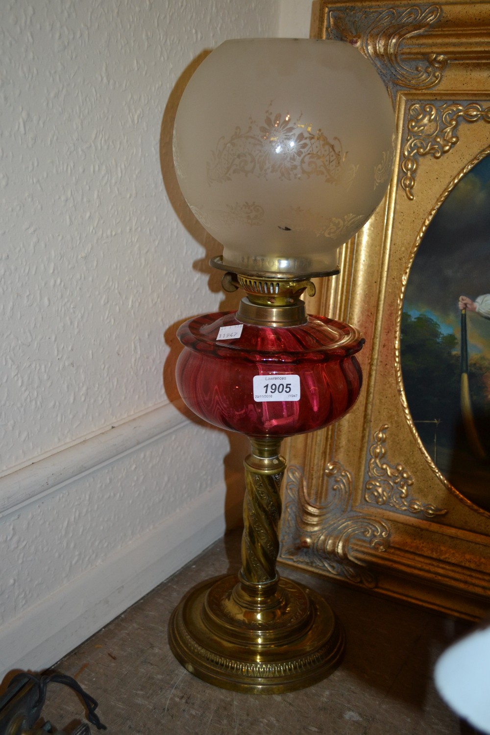 Victorian gilt brass oil lamp with a cranberry glass well and an etched glass shade - Image 2 of 2