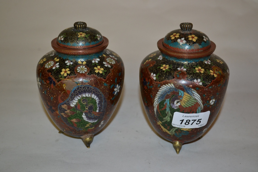 Pair of Japanese cloisonne vases and covers decorated with stylised flowers and dragons on a gold - Image 2 of 5