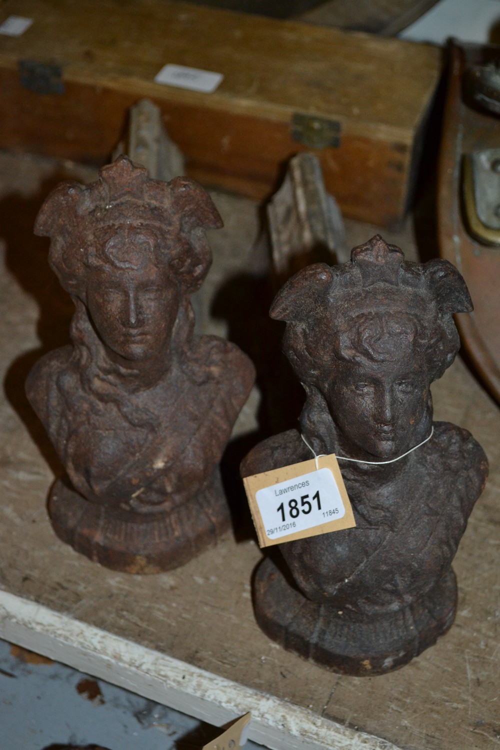 Pair of 19th Century cast iron fire dogs with female figure heads - Image 2 of 2