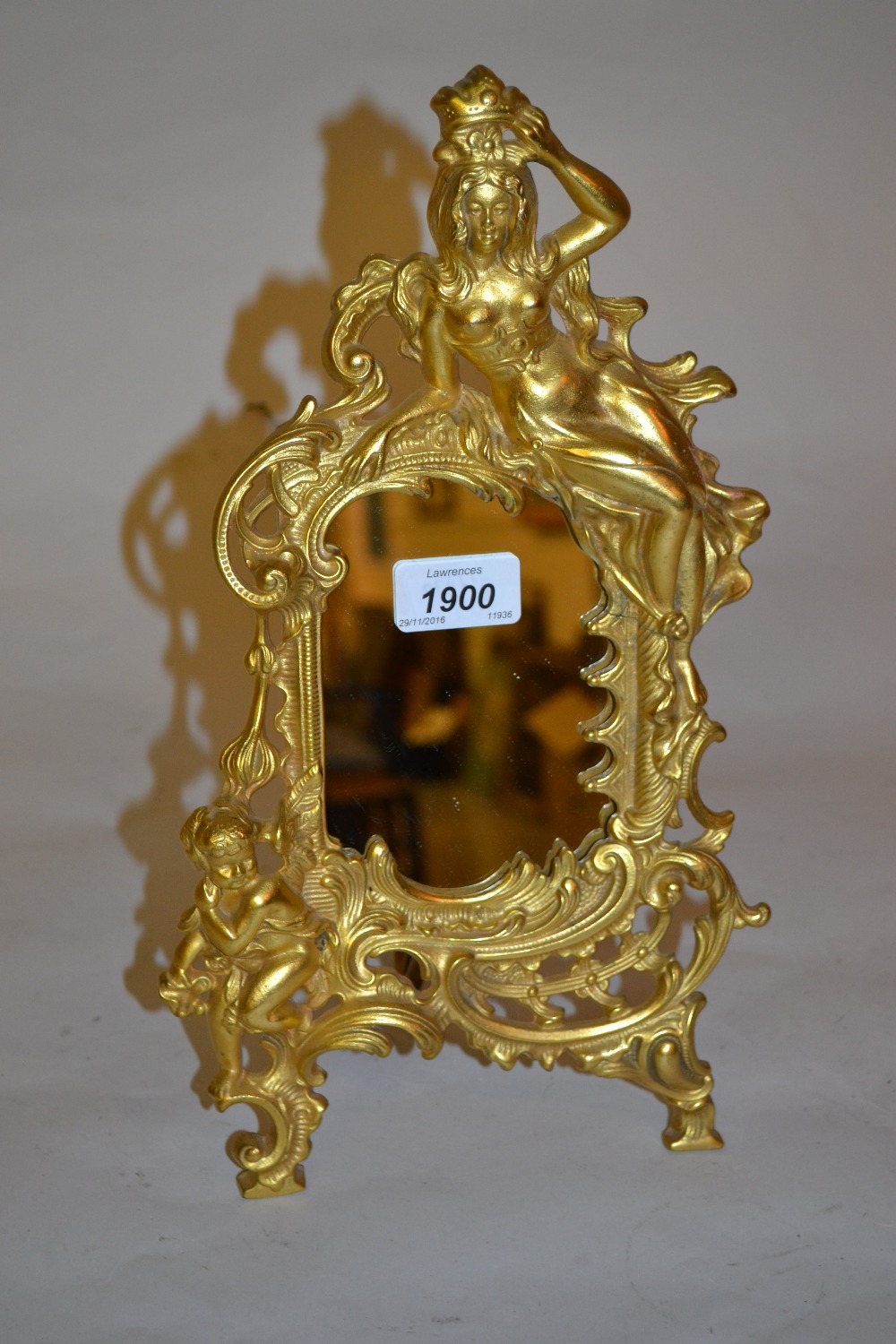 Gilt metal easel mirror surmounted by a figure of a lady - Image 2 of 2