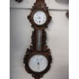 Victorian carved oak aneroid barometer / thermometer / clock