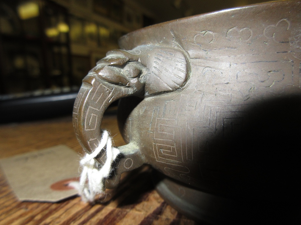 Small 19th Century Chinese bronze baluster form two handled censer with elephant mask head side - Image 13 of 14