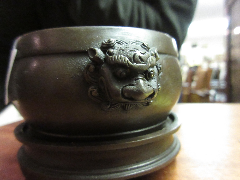 Small Chinese bronze censer with mask head side handles and seal mark to base with a stand, 4. - Image 4 of 9
