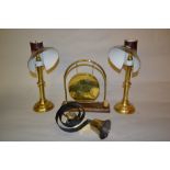 Small brass dinner gong together with a pair of late 20th Century brass candlesticks with shades