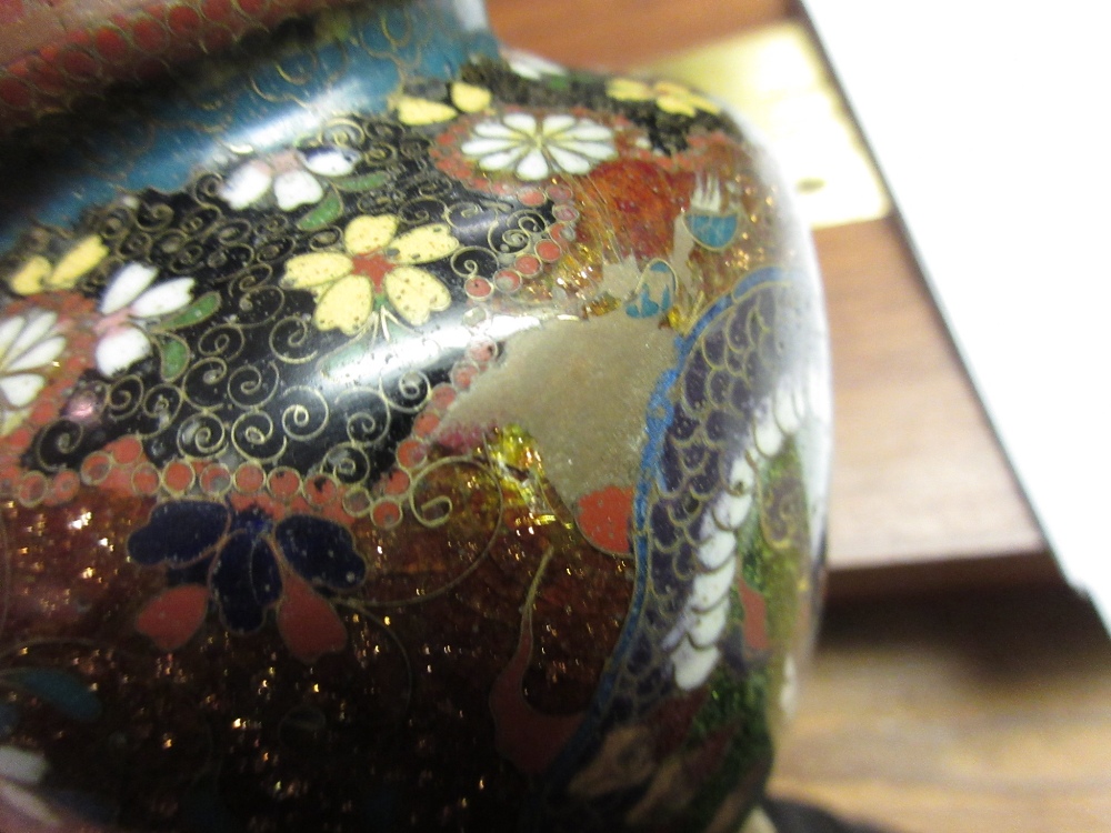 Pair of Japanese cloisonne vases and covers decorated with stylised flowers and dragons on a gold - Image 3 of 5