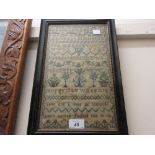 Small 19th Century framed alphabet and pictorial sampler by Laura Herbert