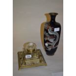 Edwardian brass inkwell with glass insert and a Japanese cloisonne vase (a/f)