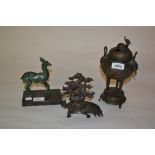 Chinese patinated bronze censer with cover together with a Chinese patinated bronze figure of a