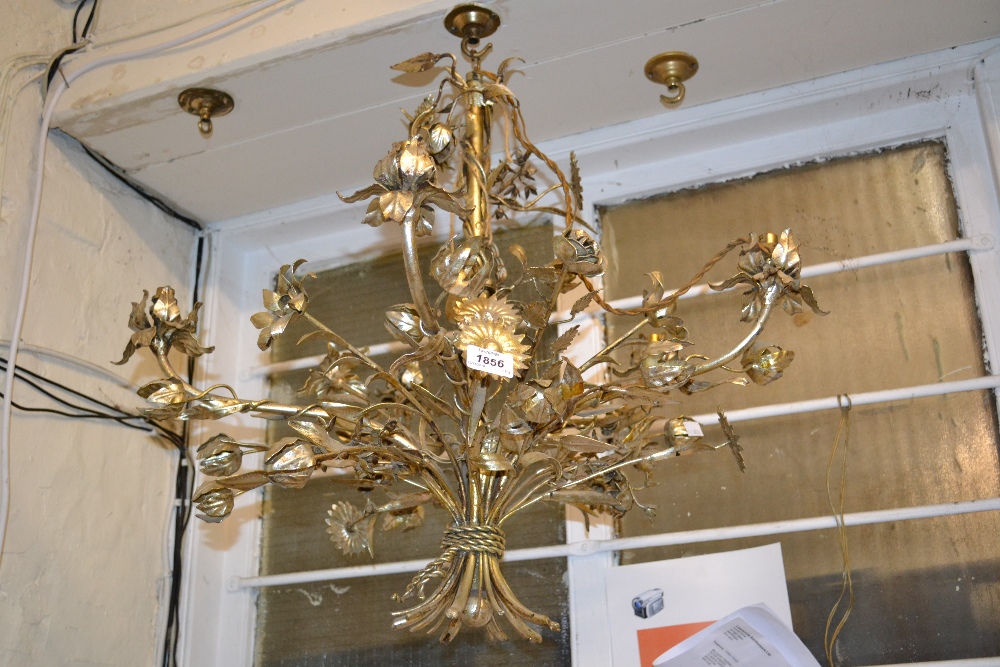 20th Century silvered metal five branch chandelier of floral design