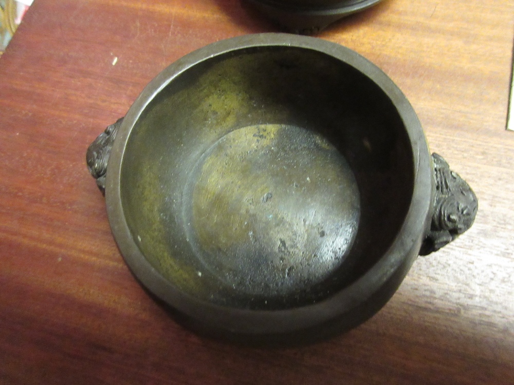 Small Chinese bronze censer with mask head side handles and seal mark to base with a stand, 4. - Image 6 of 9