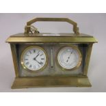 Edwardian brass clock / barometer / thermometer with a floral engraved silvered dial (a/f)
