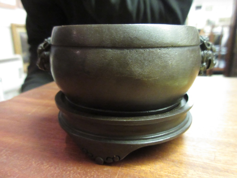 Small Chinese bronze censer with mask head side handles and seal mark to base with a stand, 4. - Image 5 of 9