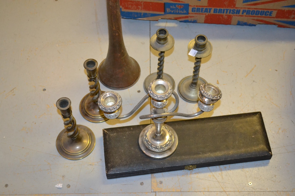 Copper post horn, two pairs of candlesticks,