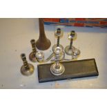 Copper post horn, two pairs of candlesticks,