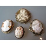 Four various Victorian carved shell cameo brooches
