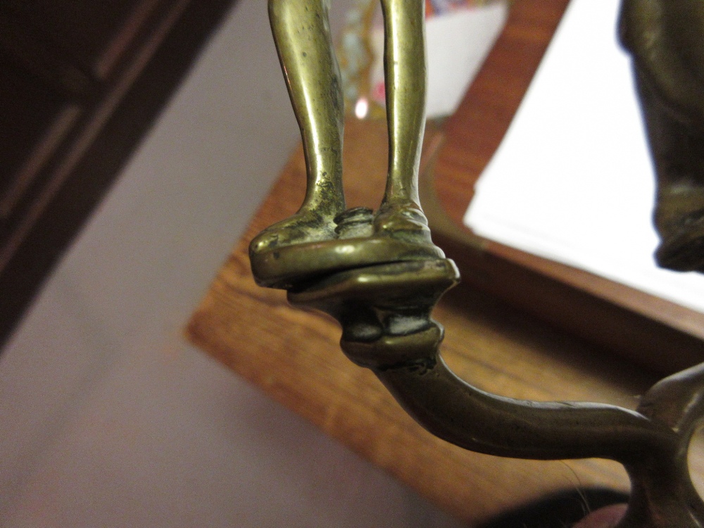 Pair of 19th Century French gilt brass candlesticks and a brass two branch figural candlestick - Image 5 of 6