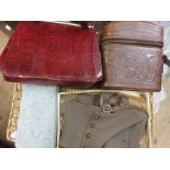 Red crocodile leather handbag, a bead work evening bag,