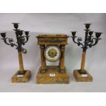 Yellow marble three piece clock garniture, the movement with outside count wheel striking on a bell,