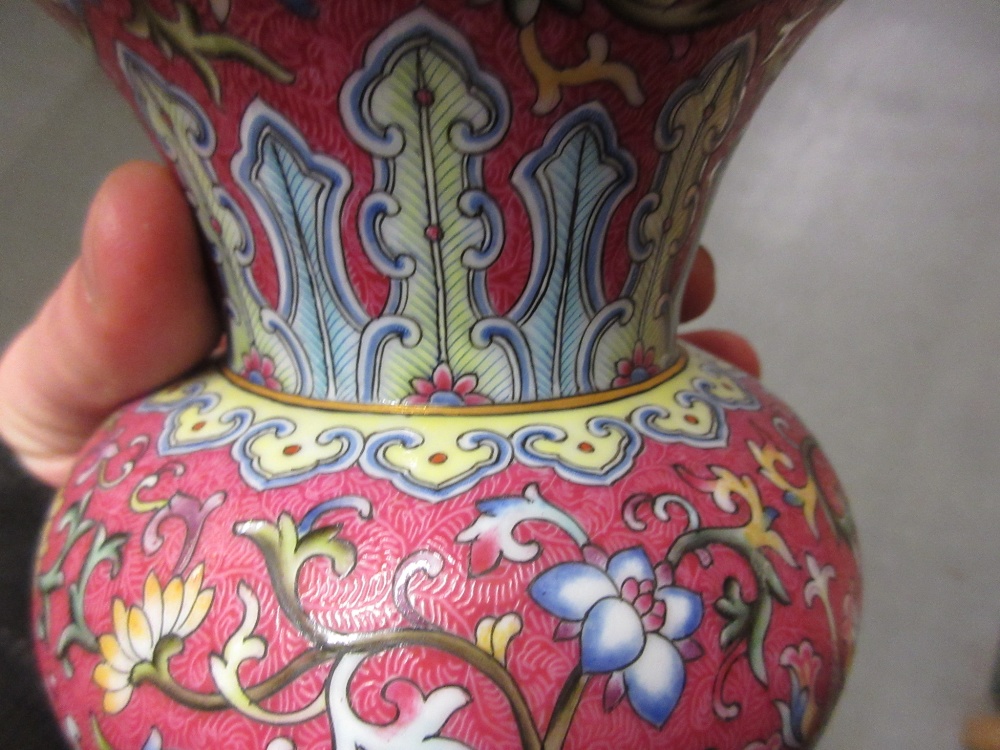 Chinese porcelain baluster form flared rim vase, enamel decorated with flowers, - Image 6 of 9