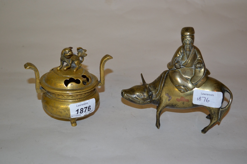 Chinese bronze censer in the form of a figure riding a buffalo together with a small bronze censer - Image 2 of 2