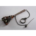 A 19TH CENTURY "SCOTTISH MARKET" POSY HOLDER with a suspensory chain & ring, the angular top section