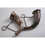 A MATCHED PAIR OF VICTORIAN POSY HOLDERS horn shaped with suspensory chains & rings and applied
