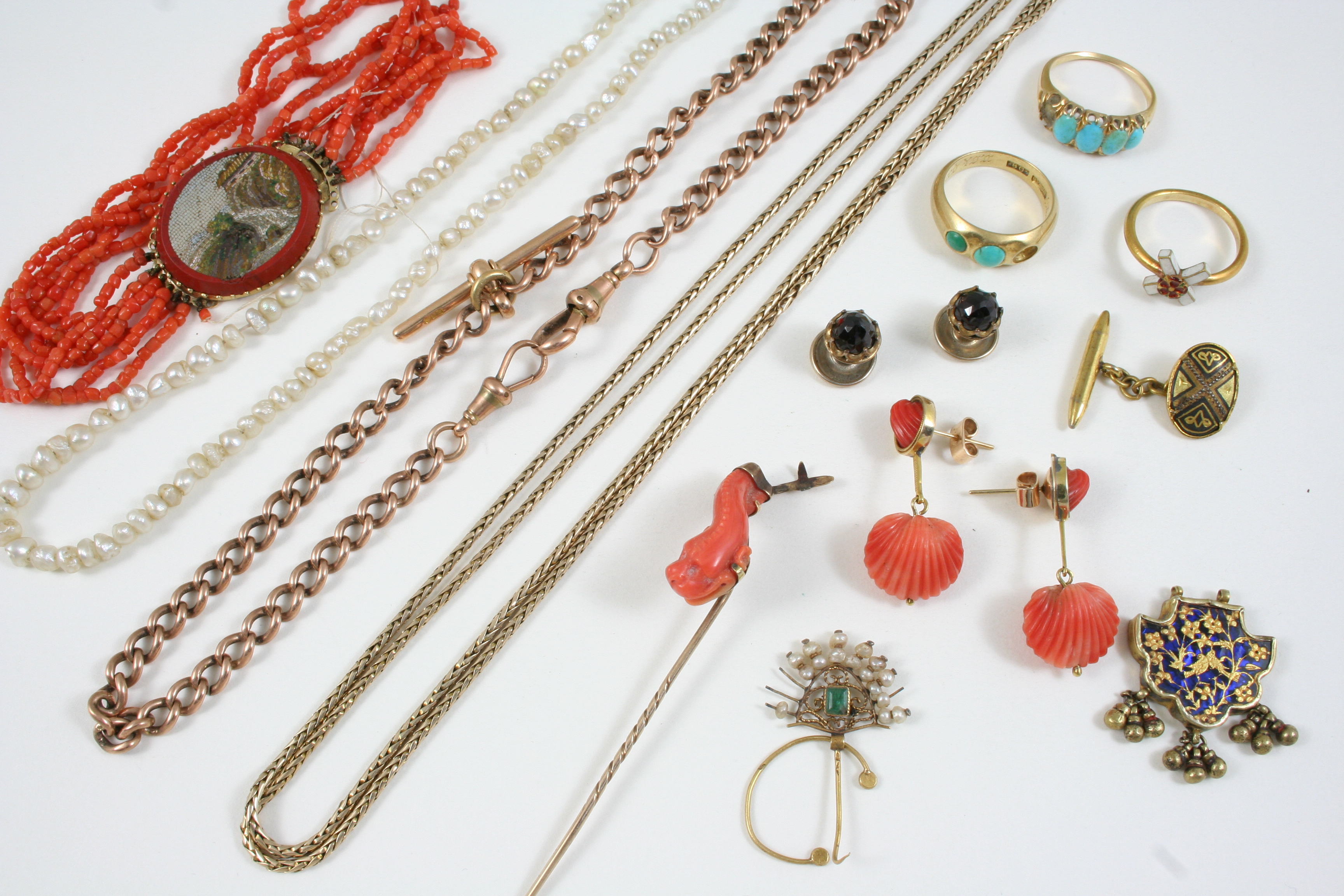 A QUANTITY OF JEWELLERY including a 9ct. gold watch chain, 25 grams, a micromosaic and coral