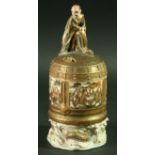 A JAPANESE SATSUMA INCENSE BURNER, of temple bell form, the cover with figure and dragon finial