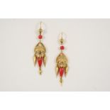 A PAIR OF CORAL AND GOLD DROP EARRINGS of gold floral design, each suspending a coral and two gold