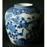 A CHINESE GINGER JAR blue painted with birds in branches and rocks, Ming style four character mark