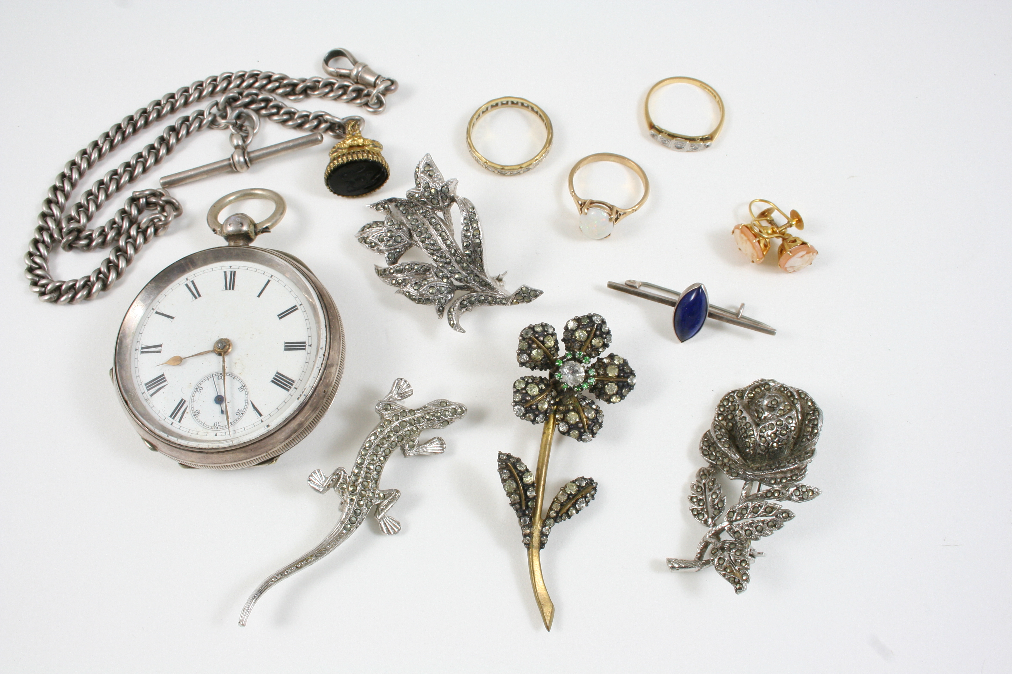 A QUANTITY OF JEWELLERY including an opal single stone ring, a silver open faced pocket watch and