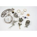 A QUANTITY OF JEWELLERY including an opal single stone ring, a silver open faced pocket watch and