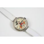 A METAL MICKEY MOUSE MECHANICAL WRISTWATCH BY INGERSOLL the circular dial with Arabic numerals and