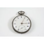 A SILVER OPEN FACED POCKET WATCH the white enamel dial with Roman numerals and subsidiary seconds