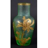 LEGRAS & CIE CAMEO GLASS VASE the cameo vase with a gilded floral design on a frosted green