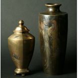 A JAPANESE BRONZE AND INLAID VASE of tapering cylindrical form decorated with cockerel and chicken