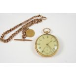 AN 18CT. GOLD OPEN FACED POCKET WATCH the white enamel dial marked 25139, with Roman numerals and