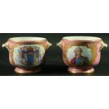 A PAIR OF SEVRES STYLE CACHE POTS early-mid 19th Century painted with portraits of a gentleman and