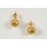 A PAIR OF GOLD BALL DROP EARRINGS each with cannetille decoration, 2.5cm. long.