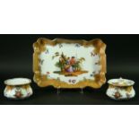 A MEISSEN STYLE DESK TRAY decorated with a courting couple inside a gold fish scale ground. Together