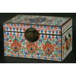 A CHINESE ENAMELLED BOX, 18th century, of rectangular form, the cover with a central mon