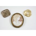 AN OVAL CARVED SHELL CAMEO BROOCH depicting a classical woman with flowers in her hair, in a gilt