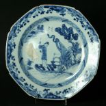 A CHINESE OCTAGONAL PLATE 18th Century with blue painted fishing scene, 23cm wide