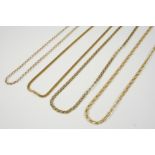 A 9CT. GOLD FANCY LINK NECKLACE 135cm. long, together with three other 9ct. gold necklaces, total