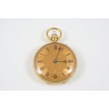 AN 18CT. GOLD OPEN POCKET WATCH the gold floral dial with Roman numerals, the movement signed