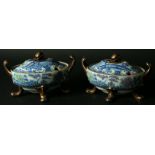 A PAIR OF DAVENPORT STONE CHINA SAUCE TUREENS AND COVERS blue transfer printed, painted with