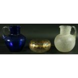 A SMALL COLLECTION OF GLASSWARE, to include two crackle glass jugs and a matching bowl, a '